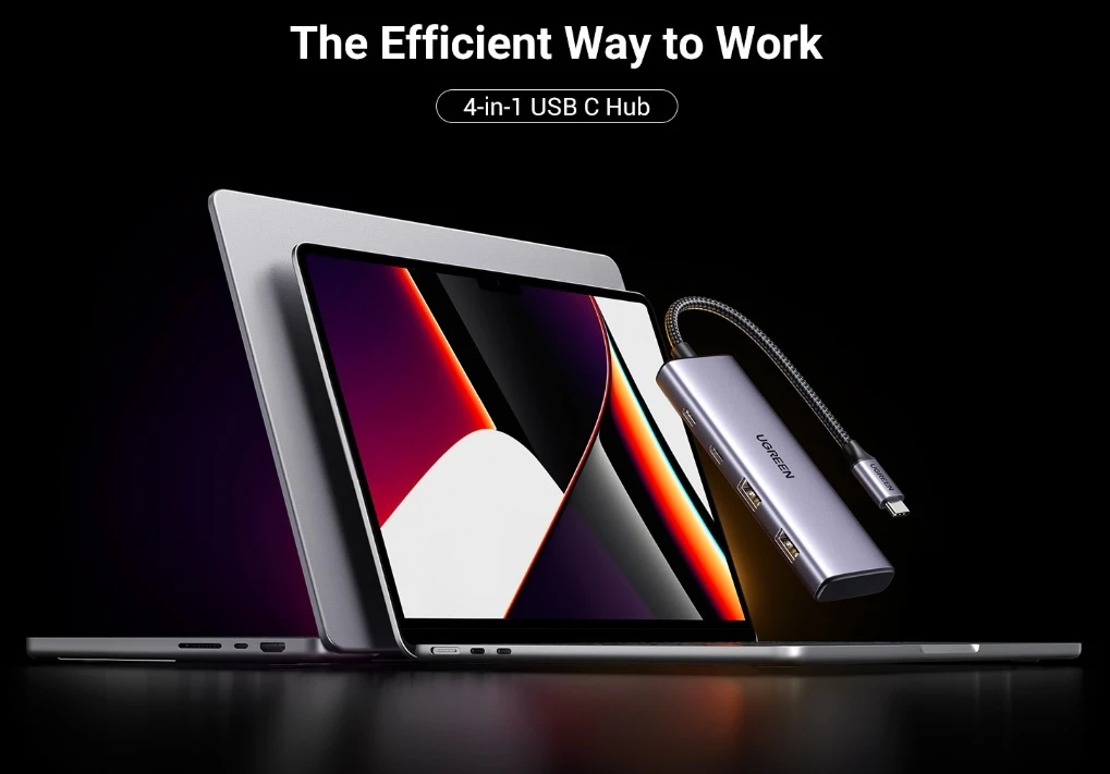Hub Chia USB-C Ra 4 Cổng Ugreen 15395 Vỏ Hợp Kim Nhôm — 2 USB-A + 2 USB-C, USB 3.0 5Gbps 18 Hub USB-C 4-in-1 Ugreen 15395 - The Efficient Way to Work cùng MacBook Pro
