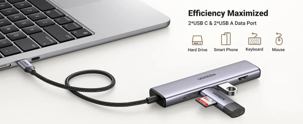 Hub Chia USB-C Ra 4 Cổng Ugreen 15395 Vỏ Hợp Kim Nhôm — 2 USB-A + 2 USB-C, USB 3.0 5Gbps 19 Hub USB-C Ugreen 15395 kết nối đồng thời ổ cứng, điện thoại, bàn phím, chuột