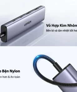Hub Chia USB-C Ra 4 Cổng Ugreen 15395 Vỏ Hợp Kim Nhôm — 2 USB-A + 2 USB-C, USB 3.0 5Gbps 12 Hub USB-C Ugreen 15395 vỏ hợp kim nhôm, cáp bện nylon bền hơn và an toàn