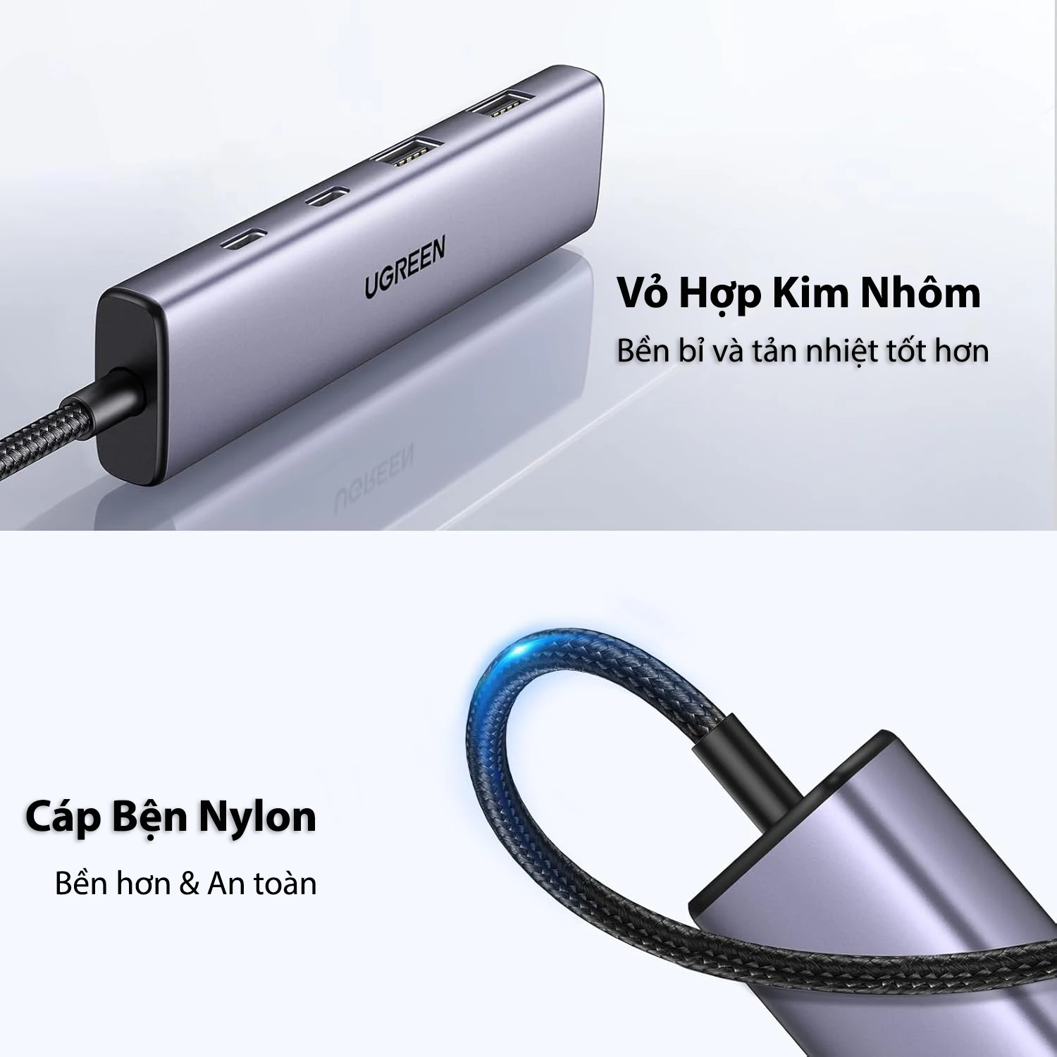 Hub Chia USB-C Ra 4 Cổng Ugreen 15395 Vỏ Hợp Kim Nhôm — 2 USB-A + 2 USB-C, USB 3.0 5Gbps 4 Hub USB-C Ugreen 15395 vỏ hợp kim nhôm, cáp bện nylon bền hơn và an toàn