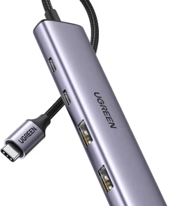 Hub USB-C Ugreen 15395 toàn cảnh màu xám, 4 cổng và cáp bện USB-C