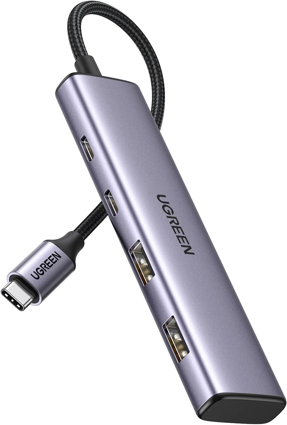 Hub Chia USB-C Ra 4 Cổng Ugreen 15395 Vỏ Hợp Kim Nhôm — 2 USB-A + 2 USB-C, USB 3.0 5Gbps 2 Hub USB-C Ugreen 15395 toàn cảnh màu xám, 4 cổng và cáp bện USB-C