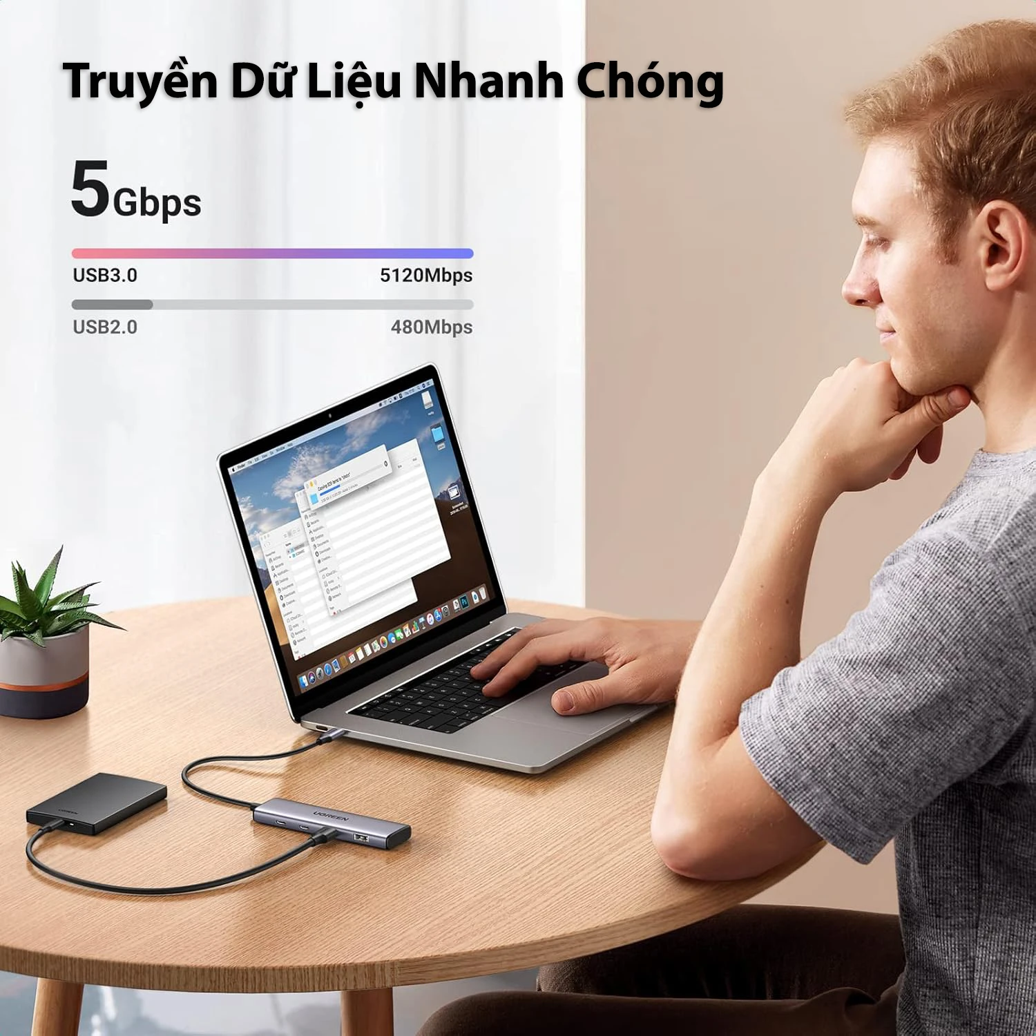 Hub Chia USB-C Ra 4 Cổng Ugreen 15395 Vỏ Hợp Kim Nhôm — 2 USB-A + 2 USB-C, USB 3.0 5Gbps 7 Hub USB-C Ugreen 15395 truyền dữ liệu 5Gbps nhanh gấp 10 lần USB 2.0 480Mbps