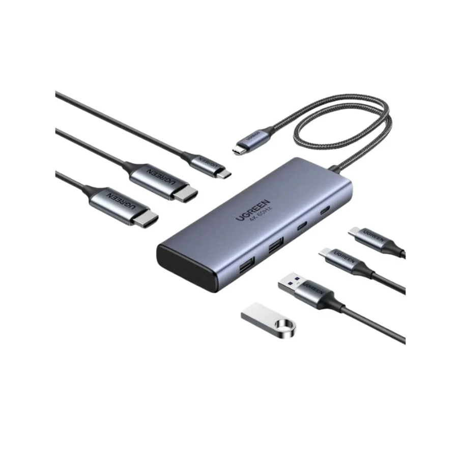 Hub USB-C 7 Trong 1 Ugreen 45379 CM639 Vỏ Hợp Kim Nhôm. Hỗ Trợ 2 HDMI 4K@60Hz, USB-A/C 10Gbps, Sạc PD 100W 3 Hub USB-C 7 in 1 Ugreen 45379 CM639 kèm đầy đủ cáp HDMI, cáp USB-C và USB-A đi kèm