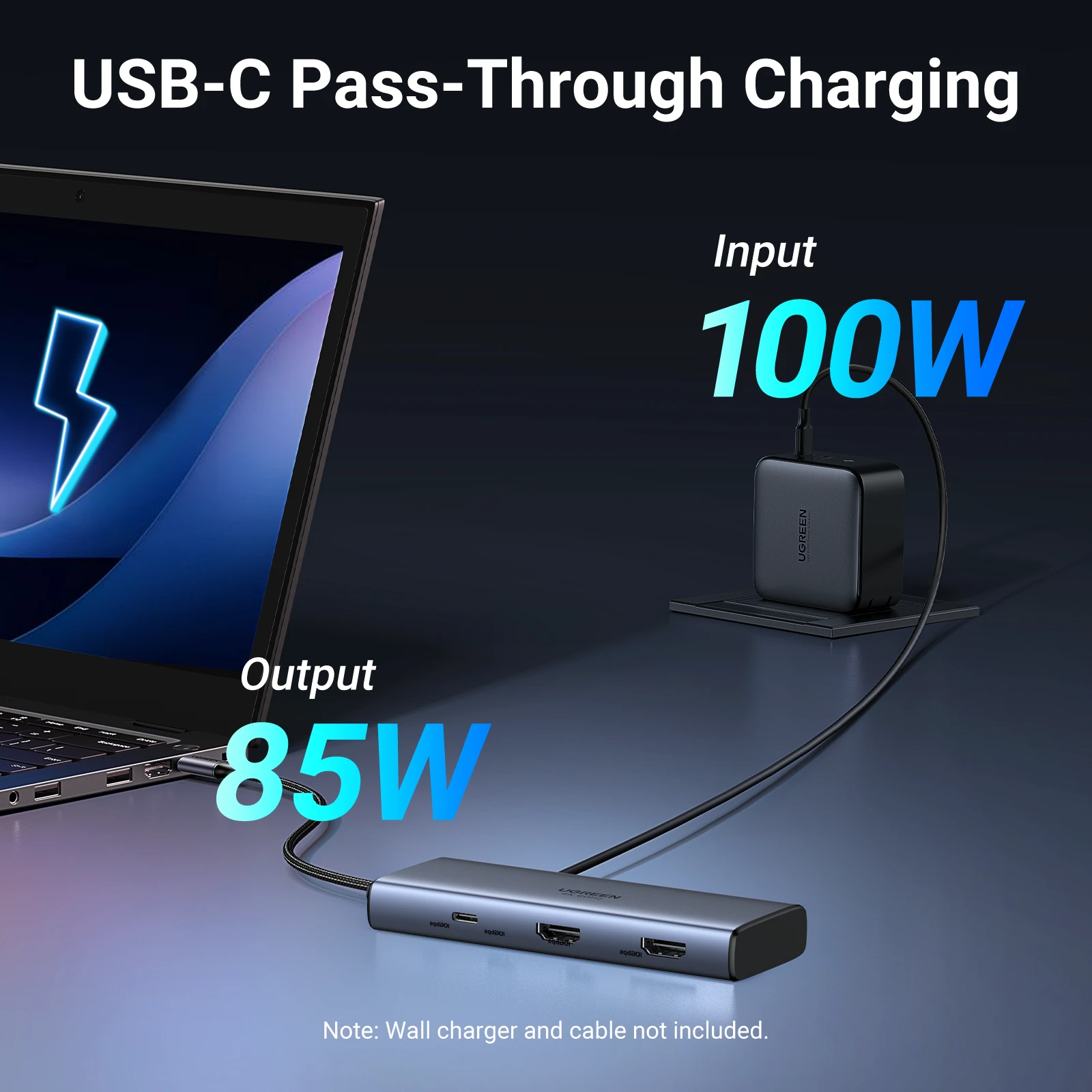 Hub USB-C 7 Trong 1 Ugreen 45379 CM639 Vỏ Hợp Kim Nhôm. Hỗ Trợ 2 HDMI 4K@60Hz, USB-A/C 10Gbps, Sạc PD 100W 6 Hub USB-C Ugreen 45379 sạc pass-through Input 100W Output 85W cho laptop