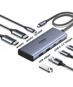 Hub USB-C 7 in 1 Ugreen 45379 - sơ đồ cổng kết nối 2 HDMI 4K60Hz, PD100W, USB-A 5Gbps, USB-C 10Gbps