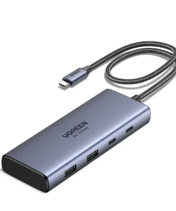 Hub USB-C 7 Trong 1 Ugreen 45379 CM639 Vỏ Hợp Kim Nhôm. Hỗ Trợ 2 HDMI 4K@60Hz, USB-A/C 10Gbps, Sạc PD 100W 9 Thân hub USB-C Ugreen 45379 4K 60Hz hợp kim nhôm xám với dây cáp bện dù đầu vào