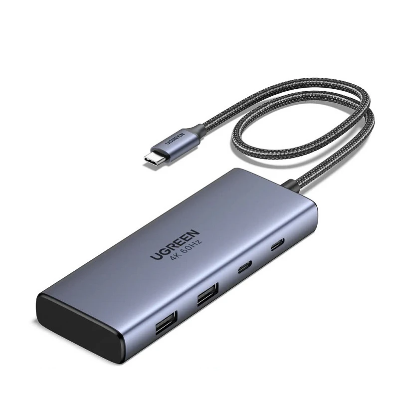 Hub USB-C 7 Trong 1 Ugreen 45379 CM639 Vỏ Hợp Kim Nhôm. Hỗ Trợ 2 HDMI 4K@60Hz, USB-A/C 10Gbps, Sạc PD 100W 2 Thân hub USB-C Ugreen 45379 4K 60Hz hợp kim nhôm xám với dây cáp bện dù đầu vào