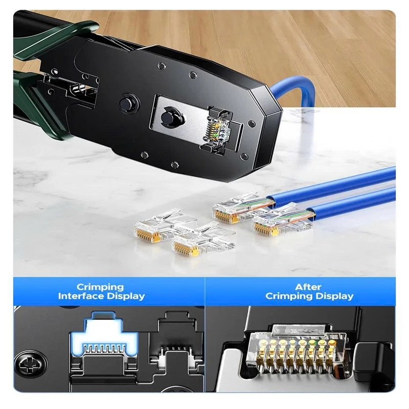 Kìm Bấm Mạng Đa Năng 6P/8P CAT5/6/7/8 Ugreen 15115 ( Tặng lưỡi dao thay thế đi kèm ) 13 Kìm bấm mạng Ugreen 15115 minh họa khe cắm và kết quả sau khi ép đầu RJ45 8 chân