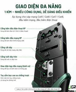 Kìm Bấm Mạng Đa Năng 6P/8P CAT5/6/7/8 Ugreen 15115 ( Tặng lưỡi dao thay thế đi kèm ) 22 Sơ đồ giao diện kìm bấm mạng Ugreen 15115 với 6 cổng chức năng, không hỗ trợ đầu 4P
