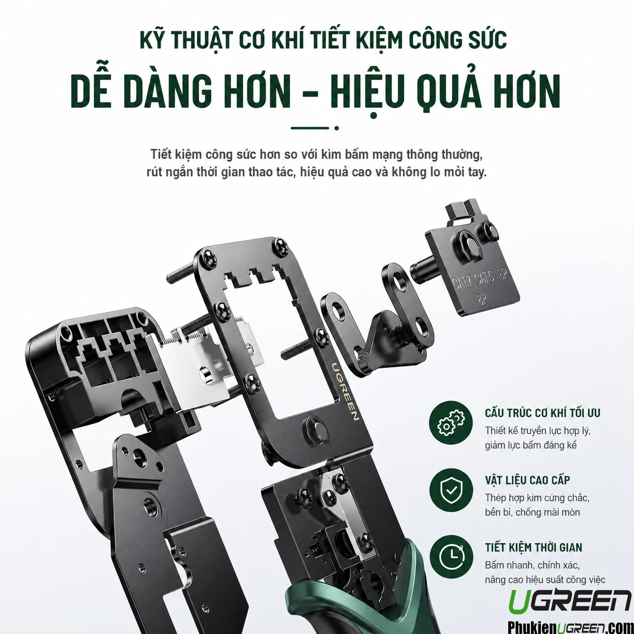 Kìm Bấm Mạng Đa Năng 6P/8P CAT5/6/7/8 Ugreen 15115 ( Tặng lưỡi dao thay thế đi kèm ) 6 Cơ cấu truyền lực bên trong kìm bấm mạng Ugreen 15115 dạng tháo rời từng khớp nối