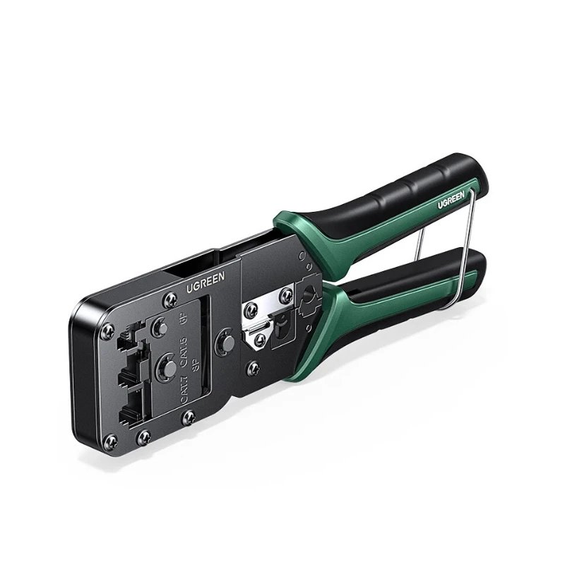 Kìm Bấm Mạng Đa Năng 6P/8P CAT5/6/7/8 Ugreen 15115 ( Tặng lưỡi dao thay thế đi kèm ) 3 Cận cảnh đầu ép kìm bấm mạng Ugreen 15115 với khuôn RJ45 8P, lưỡi cắt và bánh xe tuốt vỏ cáp