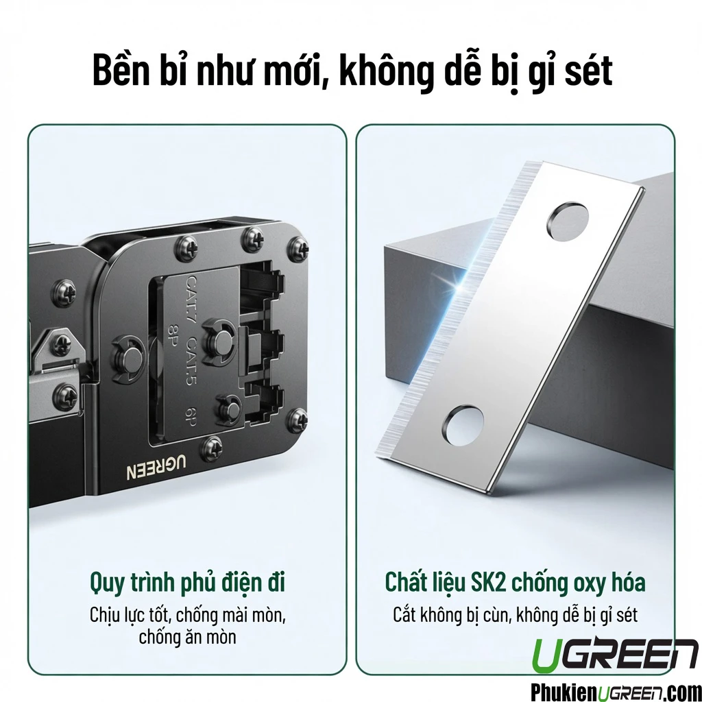 Kìm Bấm Mạng Đa Năng 6P/8P CAT5/6/7/8 Ugreen 15115 ( Tặng lưỡi dao thay thế đi kèm ) 8 Lưỡi thép kìm bấm mạng Ugreen 15115 chống oxy hóa, khuôn ép phủ điện chống mài mòn