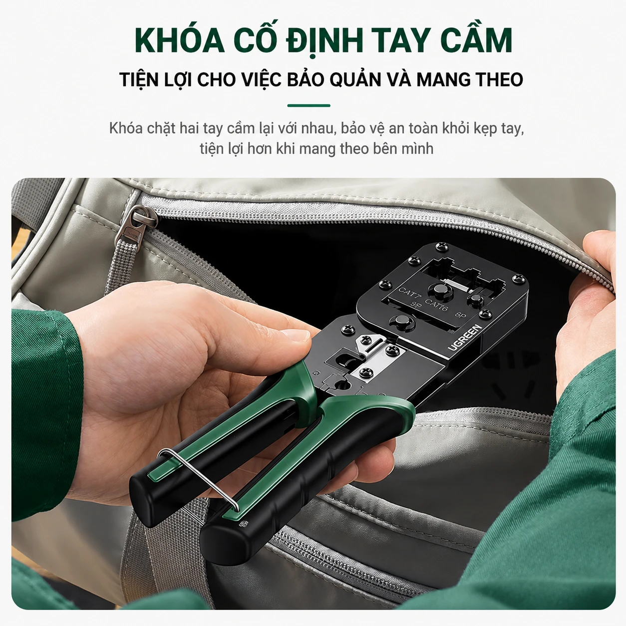 Kìm Bấm Mạng Đa Năng 6P/8P CAT5/6/7/8 Ugreen 15115 ( Tặng lưỡi dao thay thế đi kèm ) 11 Khóa an toàn tay cầm kìm bấm mạng Ugreen 15115 đang đặt vào túi balo đồ nghề