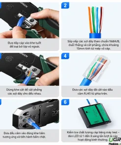 Kìm Bấm Mạng Đa Năng 6P/8P CAT5/6/7/8 Ugreen 15115 ( Tặng lưỡi dao thay thế đi kèm ) 29 Hướng dẫn 6 bước sử dụng kìm bấm mạng Ugreen 15115 bấm đầu RJ45 chuẩn 568A/B