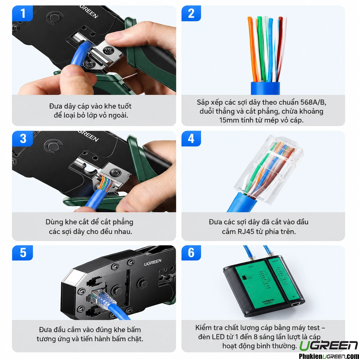 Kìm Bấm Mạng Đa Năng 6P/8P CAT5/6/7/8 Ugreen 15115 ( Tặng lưỡi dao thay thế đi kèm ) 14 Hướng dẫn 6 bước sử dụng kìm bấm mạng Ugreen 15115 bấm đầu RJ45 chuẩn 568A/B