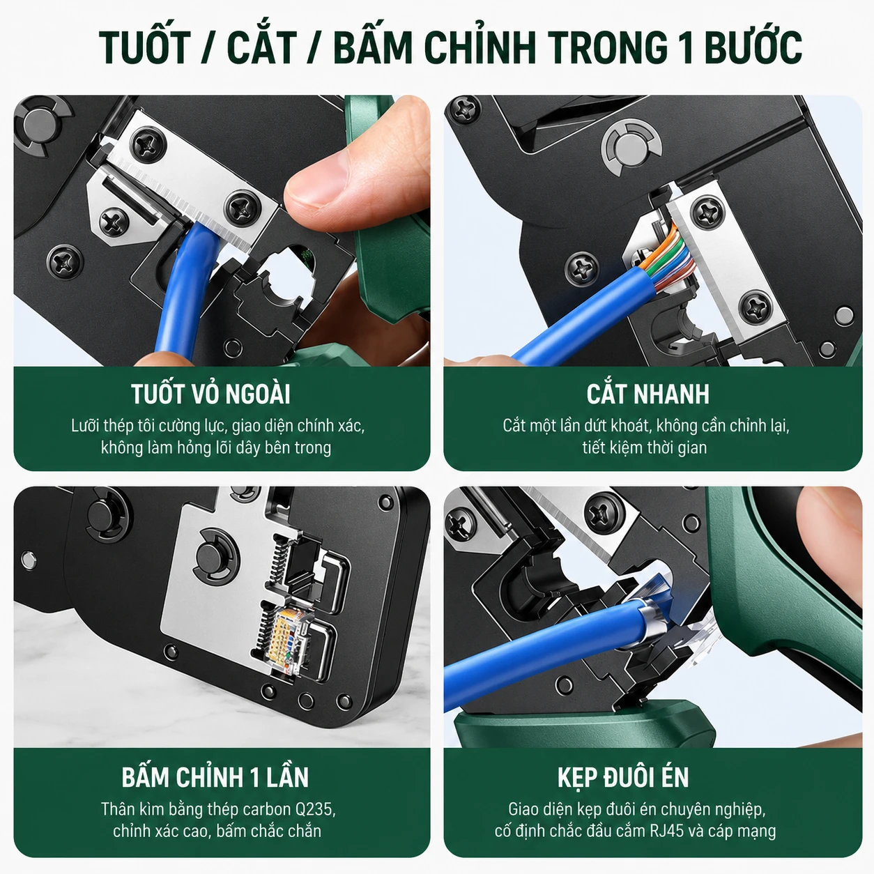 Kìm Bấm Mạng Đa Năng 6P/8P CAT5/6/7/8 Ugreen 15115 ( Tặng lưỡi dao thay thế đi kèm ) 12 4 bước tuốt cắt bấm kìm bấm mạng Ugreen 15115 với kẹp đuôi én cố định đầu RJ45