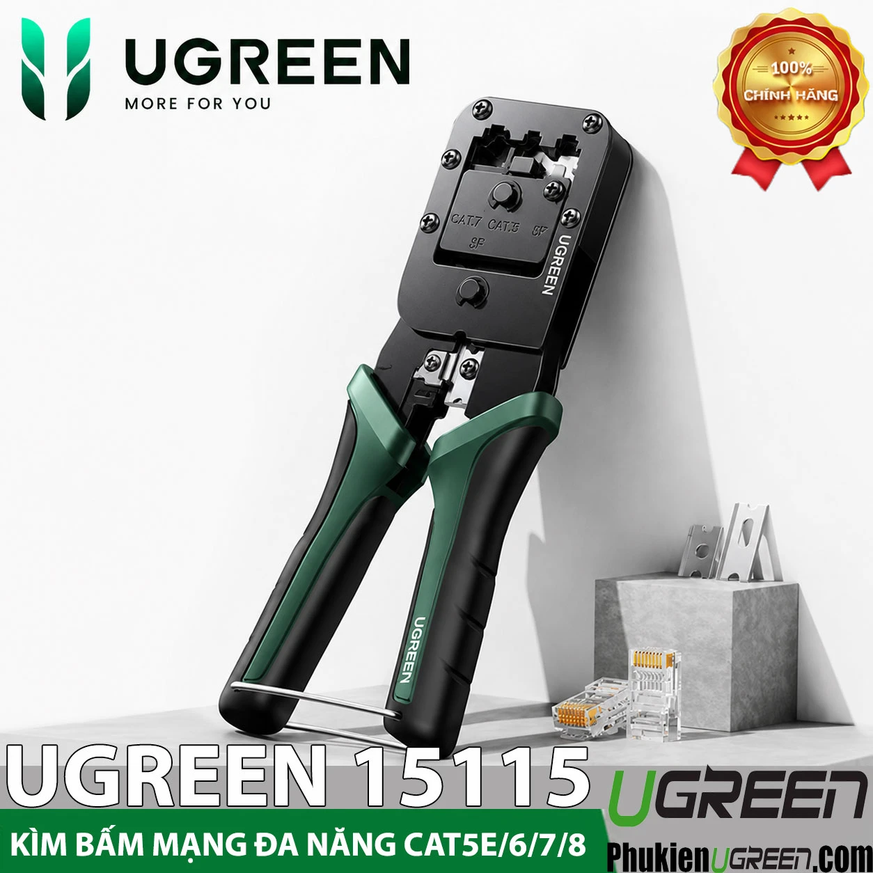 Kìm Bấm Mạng Đa Năng 6P/8P CAT5/6/7/8 Ugreen 15115 ( Tặng lưỡi dao thay thế đi kèm ) 1 Kìm bấm mạng đa năng Ugreen 15115 tay cầm xanh lá đen, khuôn ép CAT.7 CAT.8 8P, chính hãng Ugreen Việt Nam