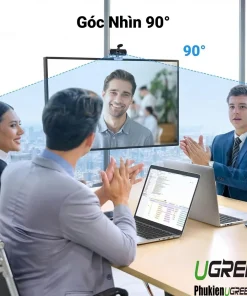 Webcam Ugreen 15728 gắn trên màn hình phòng họp lấy khung hình rộng