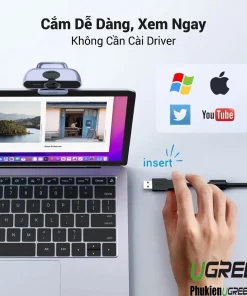 Webcam Ugreen 15728 cắm USB-A vào laptop, nhận diện ngay không cần cài driver