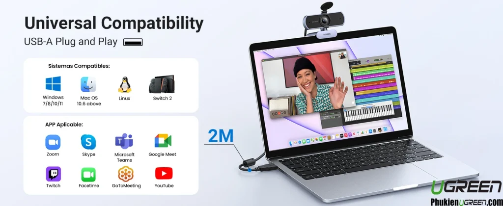 Webcam Ugreen 15728 kẹp trên laptop đang họp video, tương thích Windows/Mac/Linux/Switch 2, Zoom/Teams/Meet, cáp liền 2M