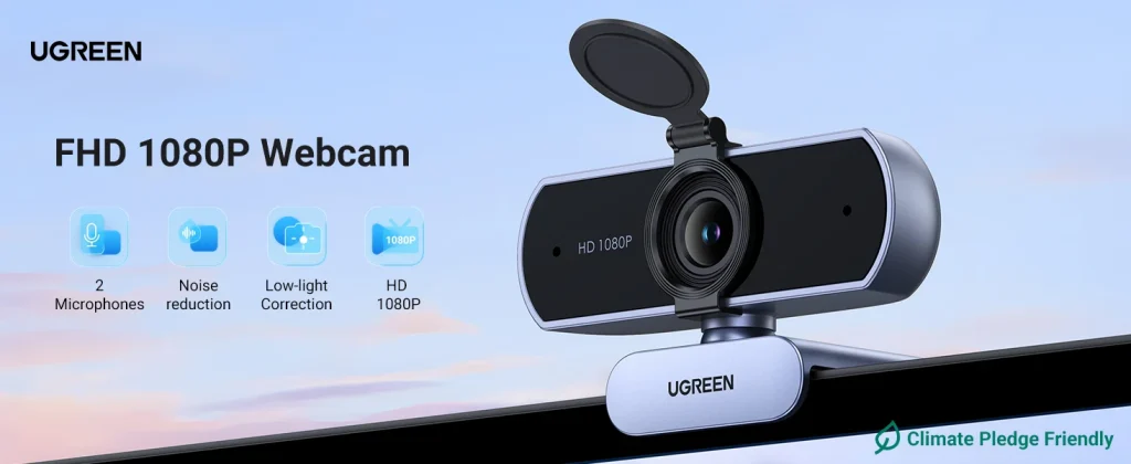 Banner webcam Ugreen 15728 Full HD 1080P với mic đôi, giảm ồn kỹ thuật số, tự động chỉnh sáng yếu, gắn trên viền màn hình
