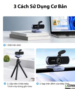 3 cách sử dụng webcam Ugreen 15728: đặt trên bàn, lắp chân máy tripod, kẹp trên đỉnh màn hình máy tính