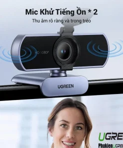 Webcam Ugreen 15728 với 2 mic khử tiếng ồn hai bên thân máy, kẹp trên viền màn hình