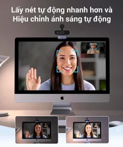 Webcam Ugreen 25442 tự động lấy nét theo khuôn mặt và hiệu chỉnh ánh sáng khi họp video trên iMac