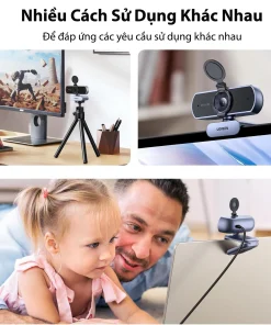 3 cách dùng webcam Ugreen 25442: lắp tripod chơi game, kẹp màn hình, gọi video trên tablet