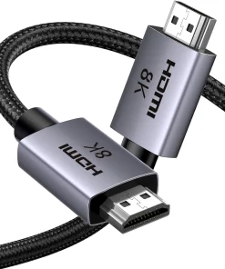 Cáp HDMI 2.1 Ugreen 25912 HD171 Dài 5M 48Gbps, 8K@60Hz, 4K@240Hz 12 Cáp HDMI 2.1 Ugreen HD171 với dây bện đen và hai đầu cắm kim loại xám có chữ HDMI 8K