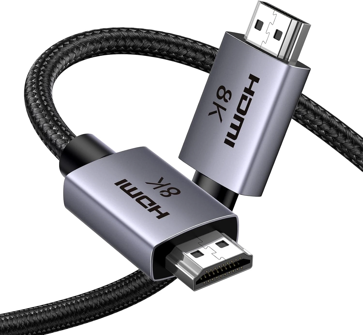 Cáp HDMI 2.1 Ugreen 25912 HD171 Dài 5M 48Gbps, 8K@60Hz, 4K@240Hz 2 Cáp HDMI 2.1 Ugreen HD171 với dây bện đen và hai đầu cắm kim loại xám có chữ HDMI 8K