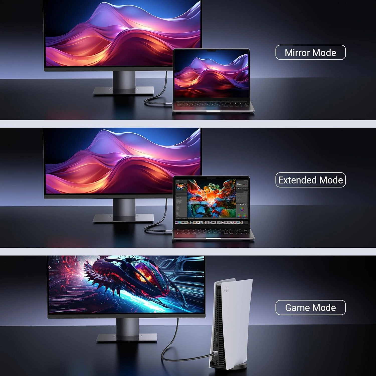 Cáp HDMI 2.1 Ugreen 25912 HD171 Dài 5M 48Gbps, 8K@60Hz, 4K@240Hz 7 Ba cảnh nối laptop và PS5 với màn hình: chế độ Mirror, Extended và Game