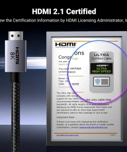 Cáp HDMI 2.1 Ugreen 25912 HD171 Dài 5M 48Gbps, 8K@60Hz, 4K@240Hz 14 Nhãn Ultra High Speed trên tài liệu chứng nhận cáp HDMI 2.1, cạnh đầu cắm có chữ HDMI 8K