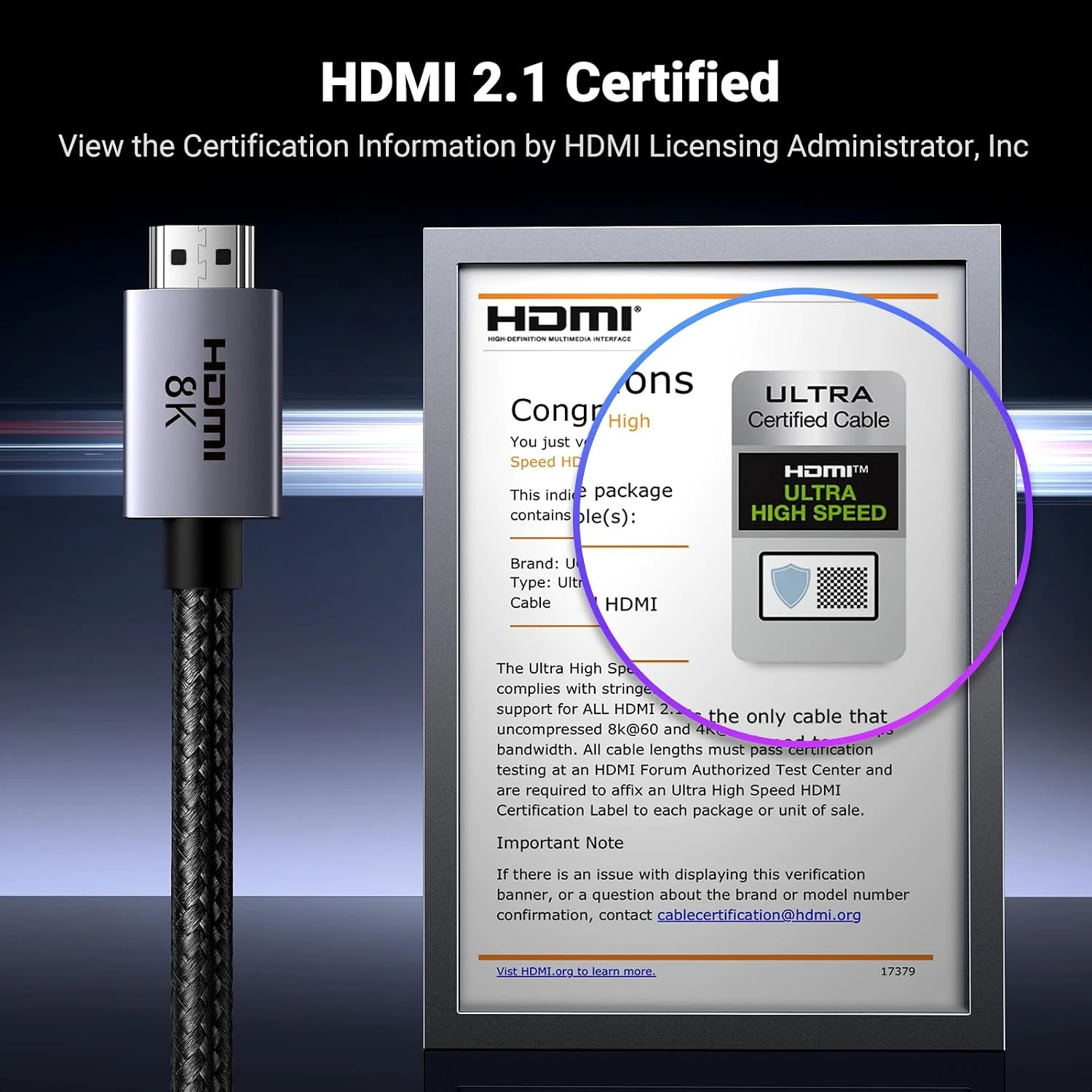 Cáp HDMI 2.1 Ugreen 25912 HD171 Dài 5M 48Gbps, 8K@60Hz, 4K@240Hz 4 Nhãn Ultra High Speed trên tài liệu chứng nhận cáp HDMI 2.1, cạnh đầu cắm có chữ HDMI 8K