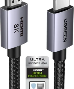 Cáp HDMI 2.1 Ugreen 25912 HD171 Dài 5M 48Gbps, 8K@60Hz, 4K@240Hz 13 Đầu cắm cáp HDMI 2.1 Ugreen HD171, một đầu có chữ HDMI 8K, kèm nhãn Ultra High Speed minh họa