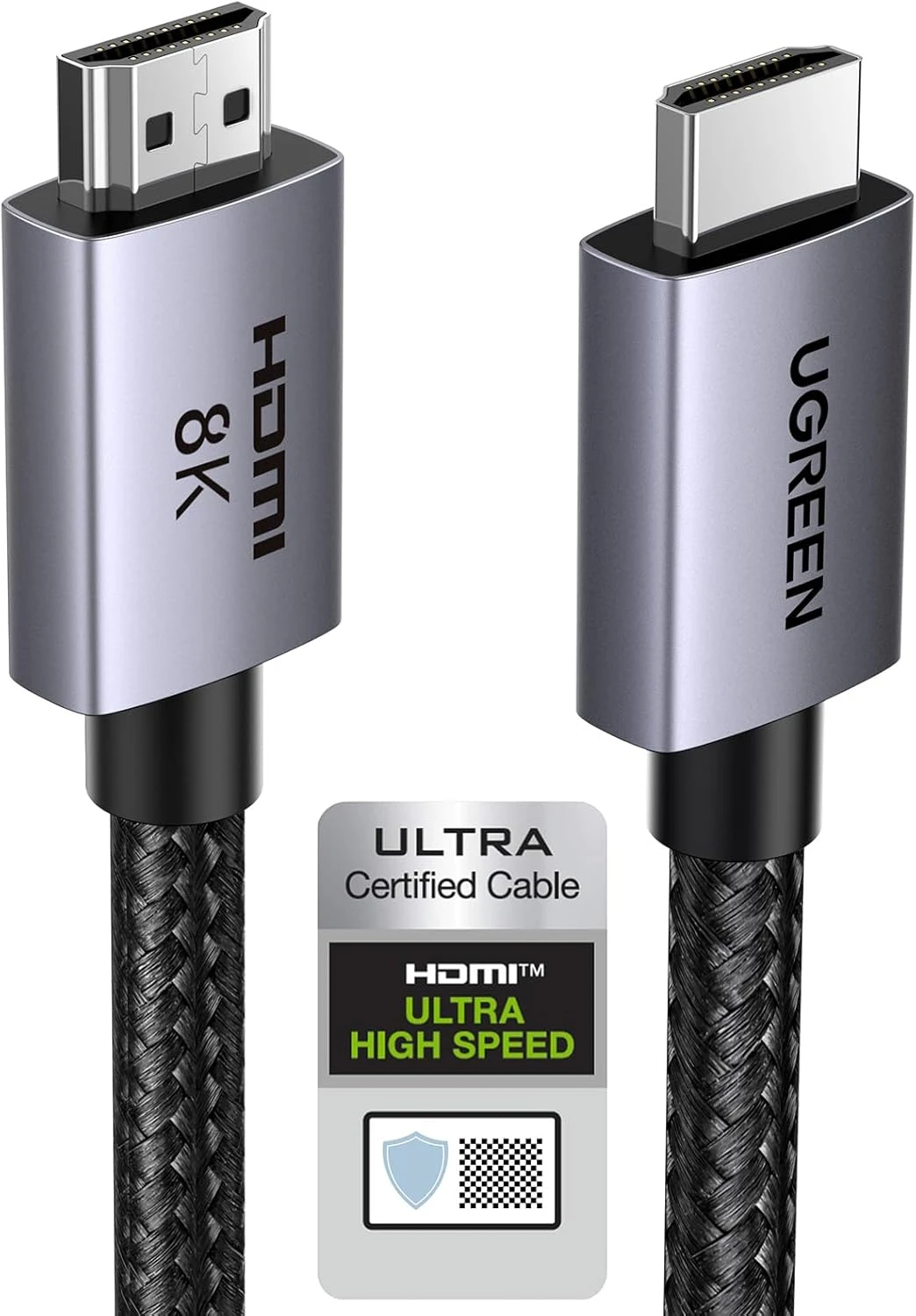 Cáp HDMI 2.1 Ugreen 25912 HD171 Dài 5M 48Gbps, 8K@60Hz, 4K@240Hz 3 Đầu cắm cáp HDMI 2.1 Ugreen HD171, một đầu có chữ HDMI 8K, kèm nhãn Ultra High Speed minh họa
