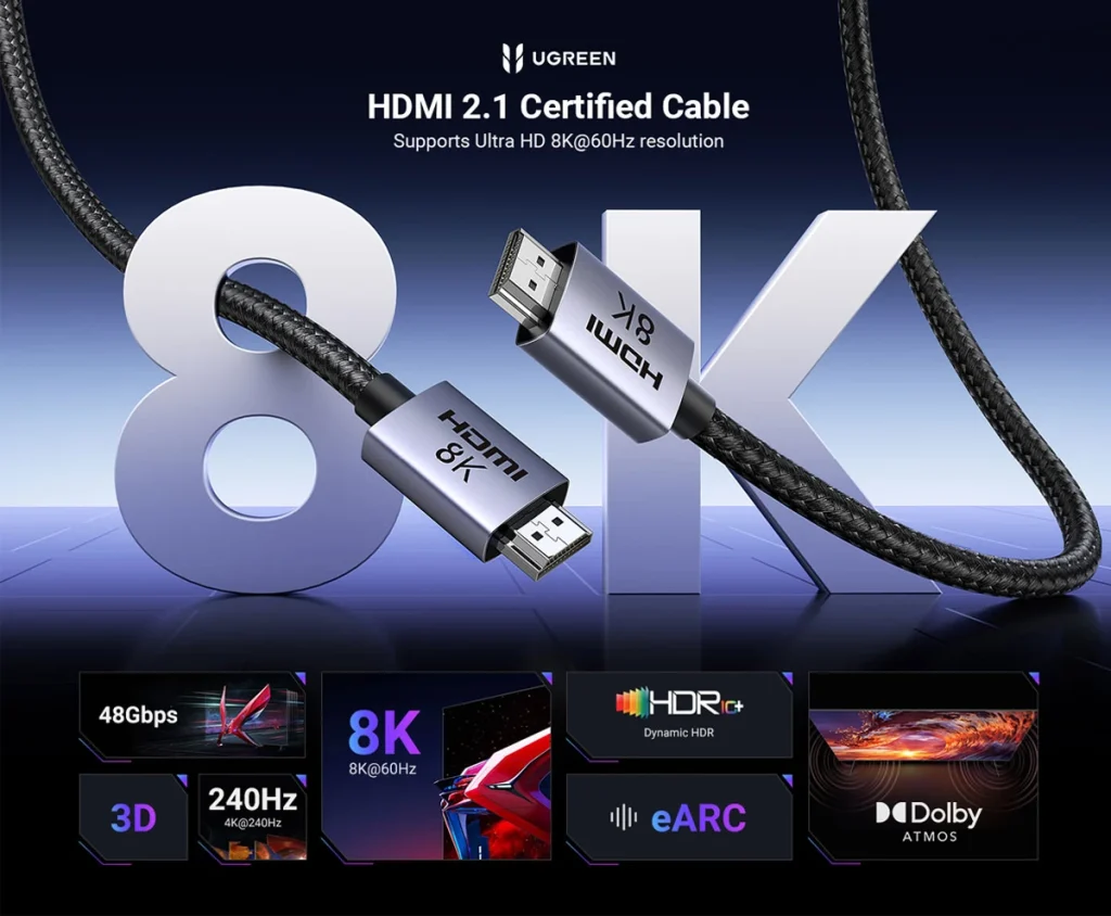 Cáp HDMI 2.1 Dài 0.5M Ugreen 25907 Hỗ Trợ 8K@60Hz, 4K@240Hz, 48Gbps 20 Banner cáp HDMI 2.1 Ugreen với đầu cắm kim loại xám, chữ 8K và nền xanh tím