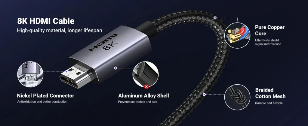 Cáp HDMI 2.1 Dài 0.5M Ugreen 25907 Hỗ Trợ 8K@60Hz, 4K@240Hz, 48Gbps 21 Cáp HDMI 8K dây bện đen, đầu cắm vỏ xám kim loại có chữ HDMI 8K, kèm chú thích cấu tạo