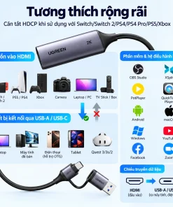 Card Video Capture HDMI to USB-C Ugreen 15389 CM629 — 2K@30Hz, USB 3.0 Type-C 13 UGREEN 15389 CM629 tương thích Switch, PS4, PS5, Xbox, camera, laptop và phần mềm OBS qua HDMI to USB-A USB-C