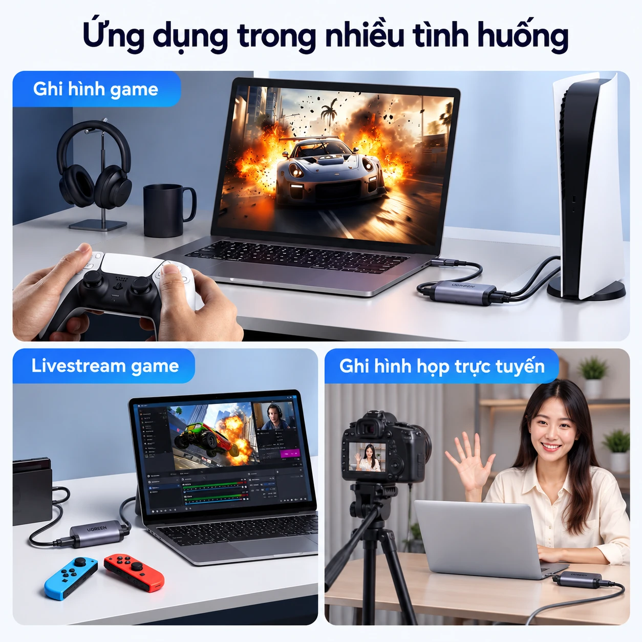 Card Video Capture HDMI to USB-C Ugreen 15389 CM629 — 2K@30Hz, USB 3.0 Type-C 6 UGREEN 15389 CM629 ứng dụng ghi hình game, livestream game và ghi hình họp trực tuyến qua HDMI to USB