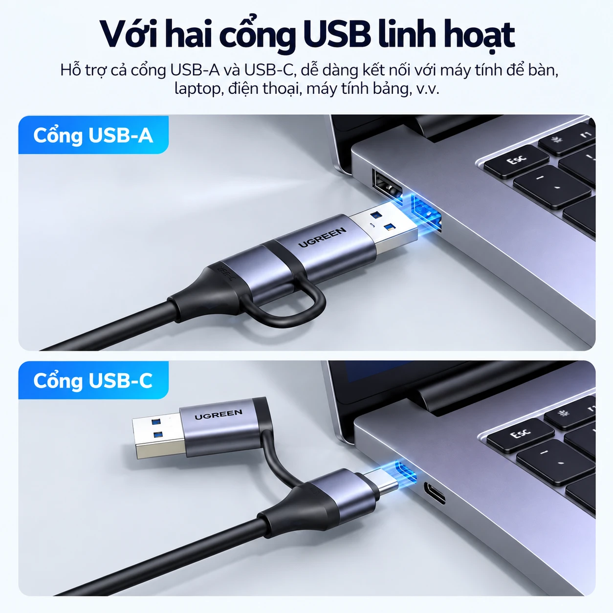 Card Video Capture HDMI to USB-C Ugreen 15389 CM629 — 2K@30Hz, USB 3.0 Type-C 3 UGREEN 15389 CM629 hỗ trợ kết nối USB-A và USB-C với laptop, PC, điện thoại và máy tính bảng tương thích