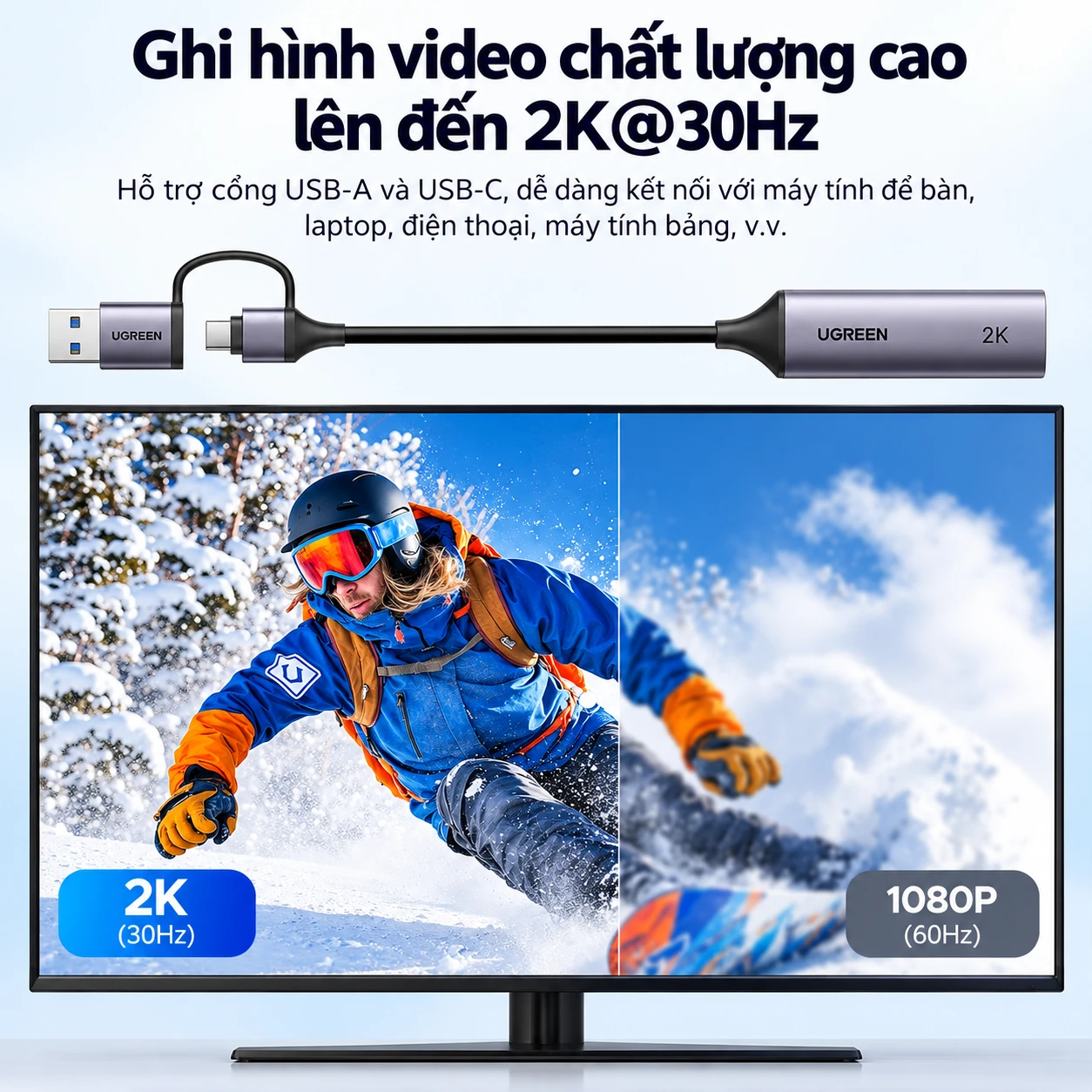 Card Video Capture HDMI to USB-C Ugreen 15389 CM629 — 2K@30Hz, USB 3.0 Type-C 4 UGREEN 15389 CM629 hỗ trợ ghi hình 2K@30Hz hoặc 1080P@60Hz qua USB-A và USB-C