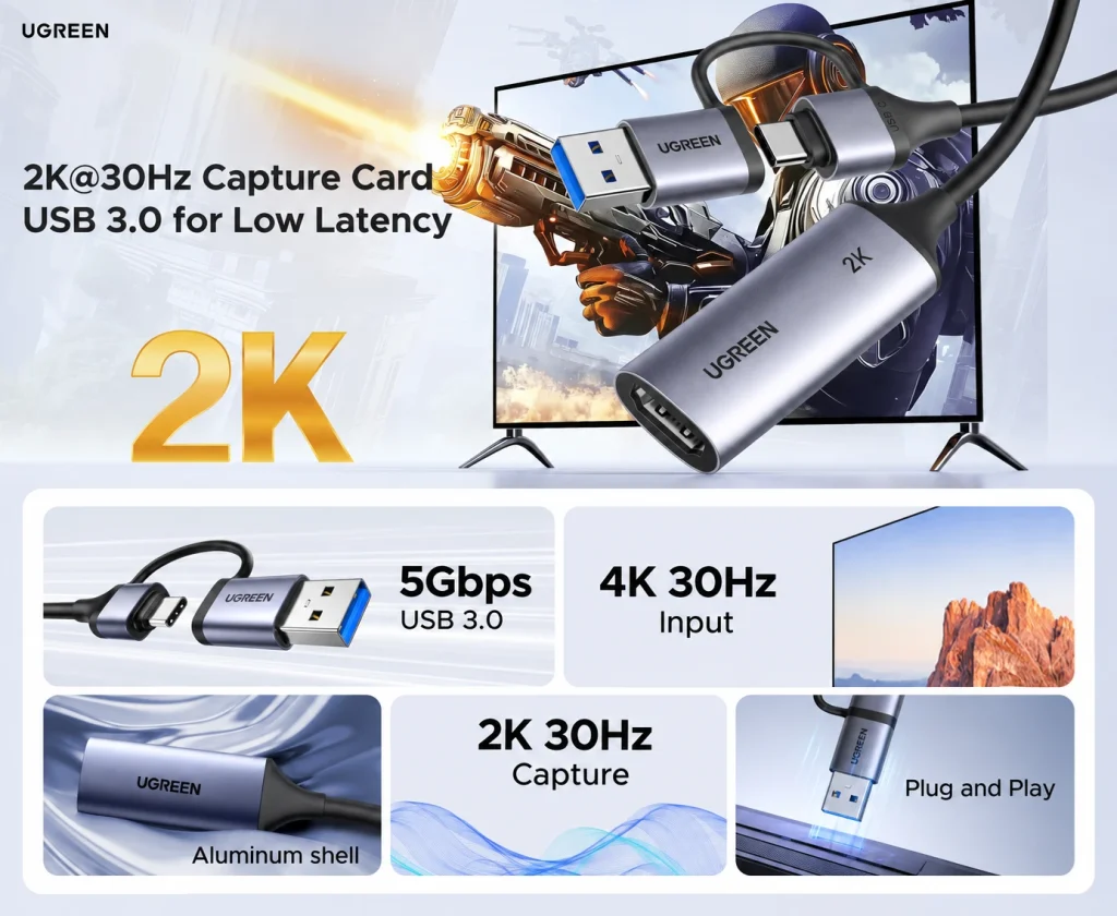 Card Video Capture HDMI to USB-C Ugreen 15389 CM629 — 2K@30Hz, USB 3.0 Type-C 14 UGREEN 15389 CM629 card capture HDMI hỗ trợ đầu vào 4K@30Hz, ghi hình 2K@30Hz, USB 3.0 5Gbps