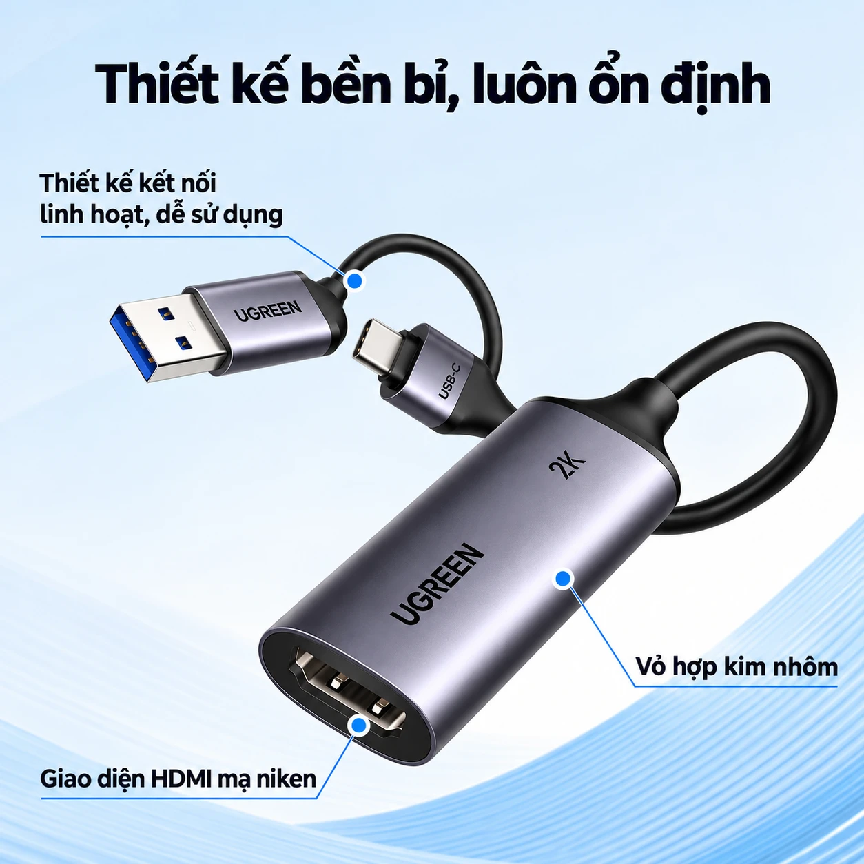 Card Video Capture HDMI to USB-C Ugreen 15389 CM629 — 2K@30Hz, USB 3.0 Type-C 2 Card capture HDMI UGREEN 15389 CM629 với USB-A, USB-C, cổng HDMI đầu vào và vỏ hợp kim nhôm