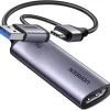Card capture HDMI UGREEN 15389 CM629 với đầu USB-A, USB-C và cổng HDMI đầu vào