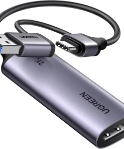 Card capture HDMI UGREEN 15389 CM629 với đầu USB-A, USB-C và cổng HDMI đầu vào
