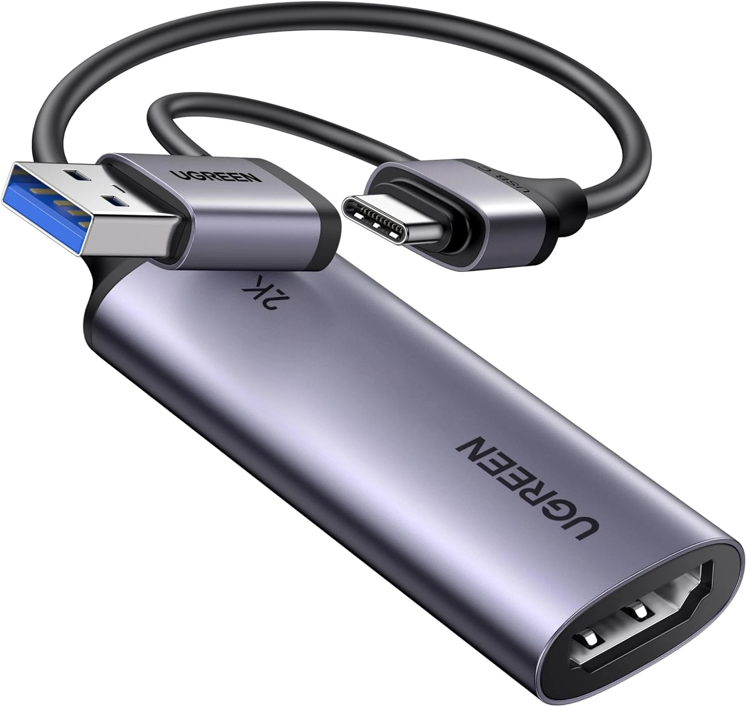 Card Video Capture HDMI to USB-C Ugreen 15389 CM629 — 2K@30Hz, USB 3.0 Type-C 1 Card capture HDMI UGREEN 15389 CM629 với đầu USB-A, USB-C và cổng HDMI đầu vào